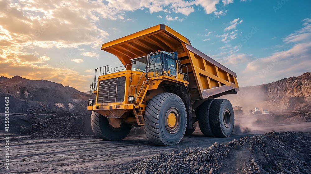 Obraz premium Powerful dump truck unloading gravel at industrial site with space for branding or text