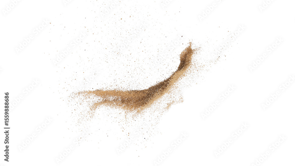 Transparent background: Scattered fine brown sand with a dynamic, irregular shape, ideal for natural textures or disintegration effects. Transparent background: Scattered fine brown sand with a dynamic, irregular shape, ideal for natural textures or disintegration effects.