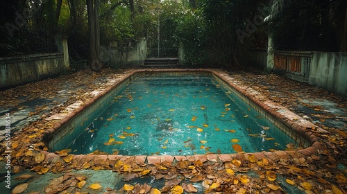 A neglected swimming pool covered in leaves turning into crystal-clear water 