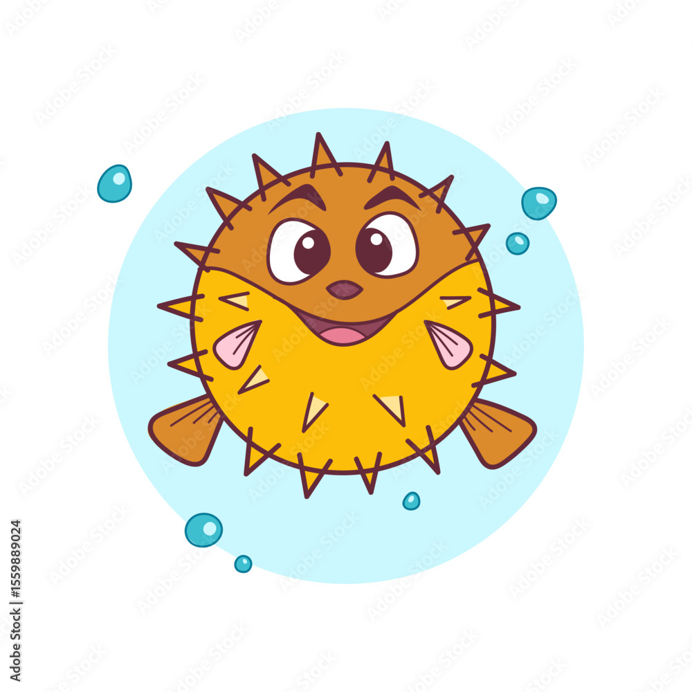 Obraz premium Cute Cartoon Pufferfish with Bubbles