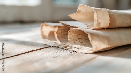Wallpaper Mural Old rolled manuscripts resting on a wooden table illuminated by warm sunlight in a quiet room Torontodigital.ca