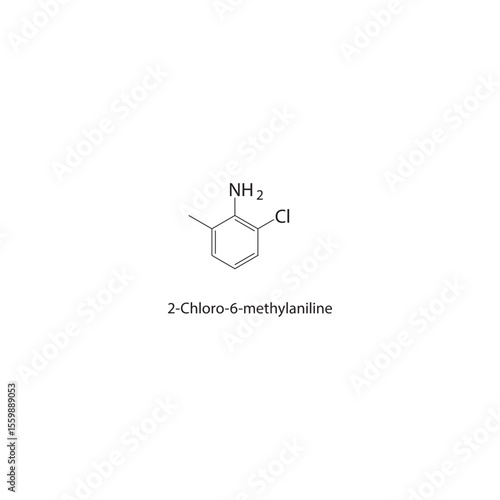 2-Chloro-6-methylaniline skeletal structure. Aromatic amine compound schematic illustration. Simple diagram, chemical formula.