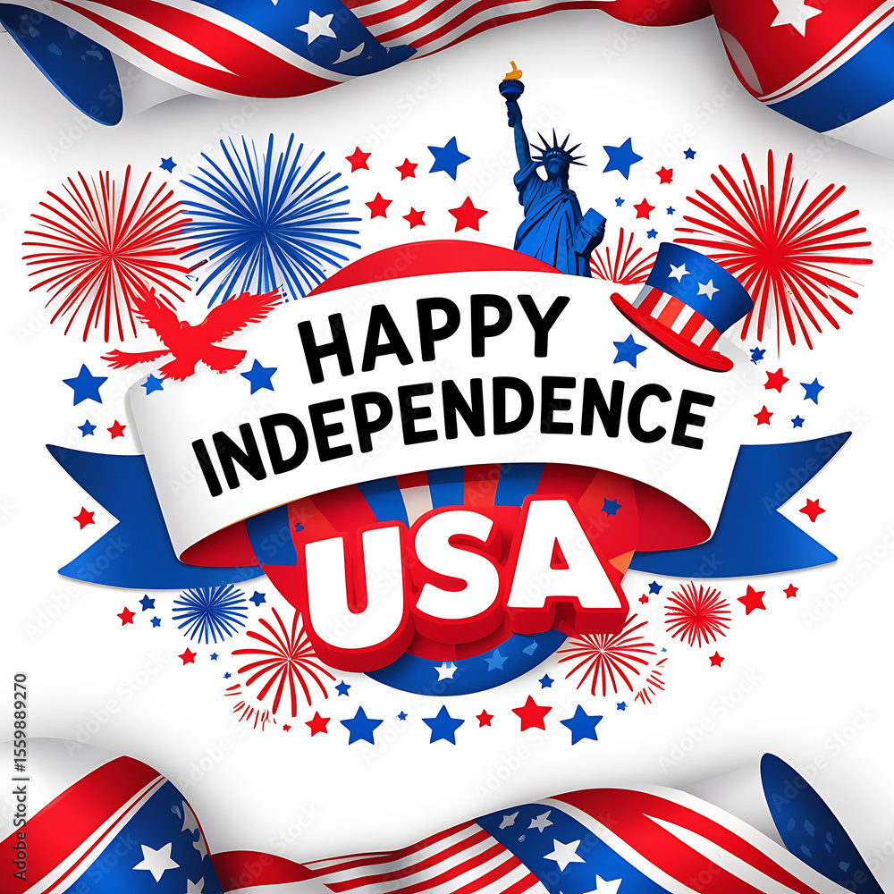 Obraz premium Patriotic Independence Day Illustration with Ribbon Banner Fireworks and USA Symbols