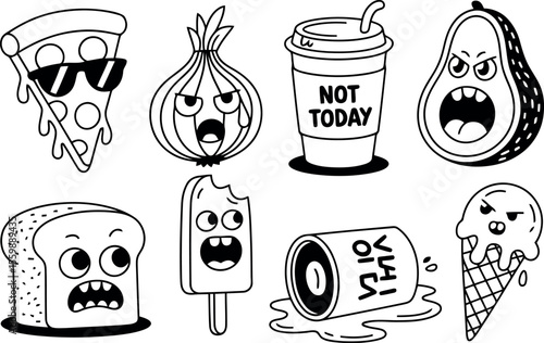  a humorous collection of food items, each depicted with a distinct and often grumpy human-like expression.