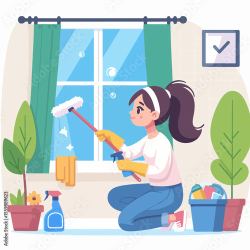 A cartoon illustration of a woman in yellow gloves kneeling and cleaning a window with a squeegee and spray bottle, surrounded by potted plants.