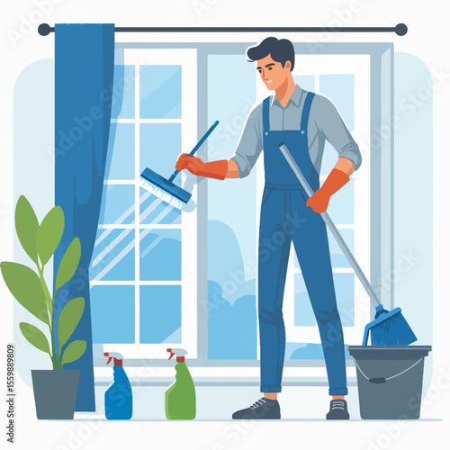 Man cleaning windows with squeegee and bucket in a bright room.
