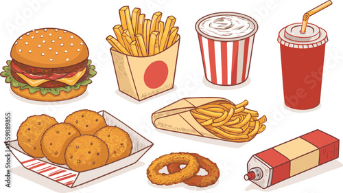 Flat Icon Set of Fast Food Snacks on White Background Includes Burger, Fries, Chicken Nuggets, Soda Cup, Onion Rings, and Ketchup Packet.