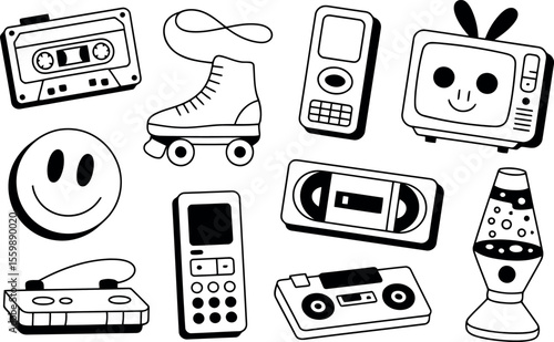  A set of retro-themed black and white doodle icons brings back nostalgic memories of past decades. 