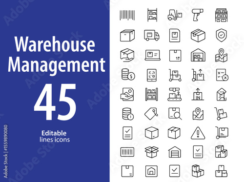 Warehouse Management Line Icons, Inventory, Barcode, Forklift, Packaging, Delivery, Logistics, and More , Editable Formats: AI, EPS, JPG, PNG , Ideal for Both Digital and Print Use