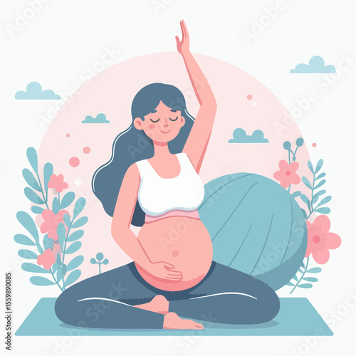 A serene pregnant woman practicing yoga or meditation, sitting cross-legged on a mat with one arm raised, surrounded by flowers and an exercise ball.