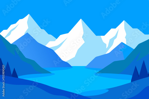 Blue sky over a cold winter mountain landscape with snow-covered peaks, icy glaciers, and rocky hills