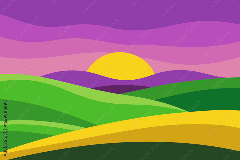 Obraz premium Vector illustration of a vibrant summer landscape with green hills, a clear sky, and a winding road through the field