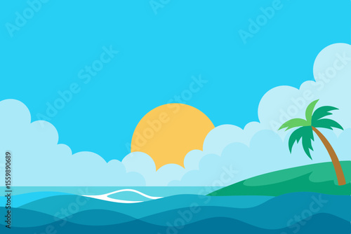 Tropical vector illustration of a summer beach landscape with palm trees, ocean waves, and an island under a sunny sky with clouds