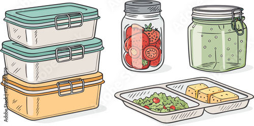 Flat Icon Set of Food Storage Containers on White Background Includes Lunch Box, Glass Jar, Mason Jar, Sealed Can, Ziplock Bag, and Food Tray.