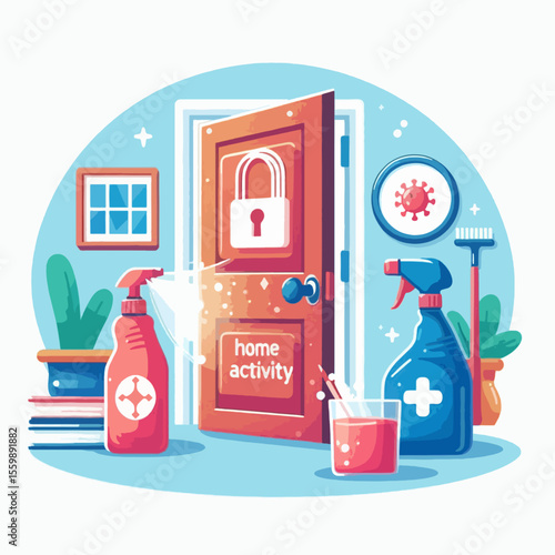 A door is locked with a padlock, symbolizing home activity and safety, with cleaning supplies and a virus icon nearby.