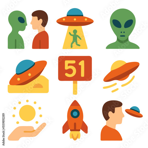 World UFO Day colorful icons for celebrations featuring aliens, UFOs, and rockets. Perfect for media and events related to UFOs.