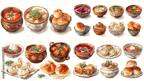 Watercolor illustration set of traditional Russian soups, dumplings, and breads served in ceramic bowls, showcasing comfort food and cultural cuisine.

