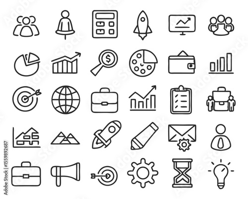 A comprehensive collection of modern business and corporate thin line graphics for professional branding and digital applications