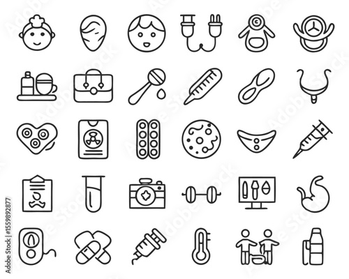 Thin line editable symbols for prenatal care and fertility concepts in a comprehensive icon set