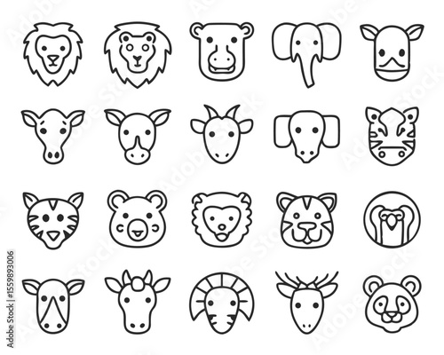 Geometric savanna animal head illustrations featuring thin line art in a collection of stylized wildlife graphics