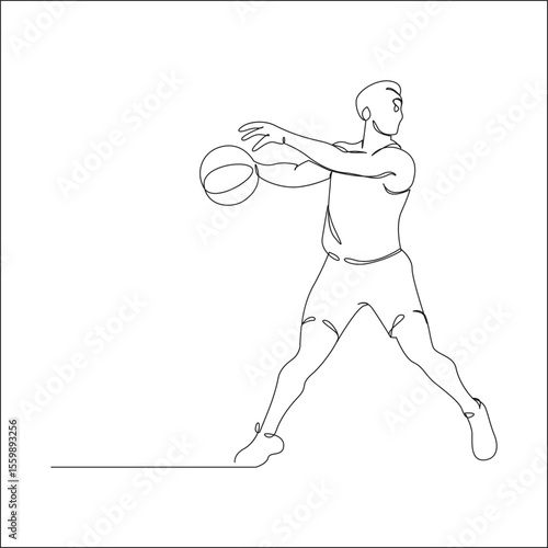 Line art of a male basketball player preparing to pass or shoot, depicted in a dynamic and powerful stance with a minimalist, continuous line style.