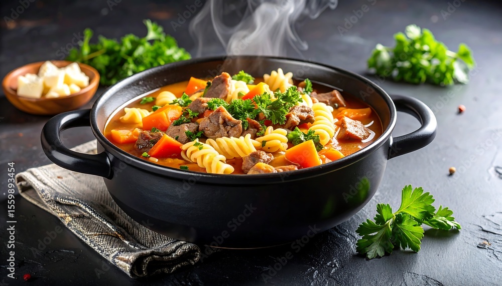 Hearty Beef and Vegetable Soup with Steaming. Hearty Beef and Vegetable Soup with Steaming.