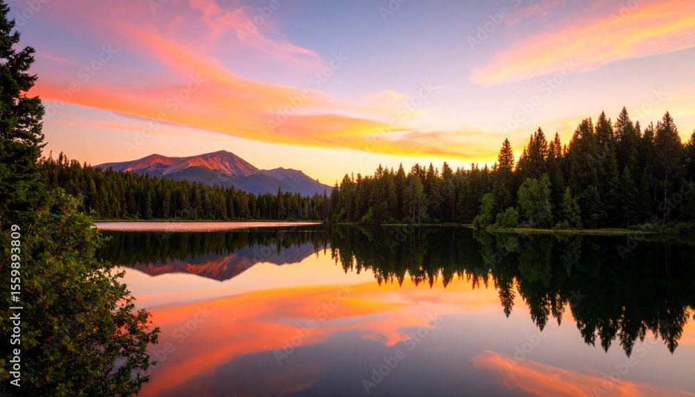 A serene lake reflects a colorful sunset sky and pine tree silhouettes with a mountain backdrop, creating a peaceful and vibrant natural scene. A serene lake reflects a colorful sunset sky and pine tree silhouettes with a mountain backdrop, creating a peaceful and vibrant natural scene.
