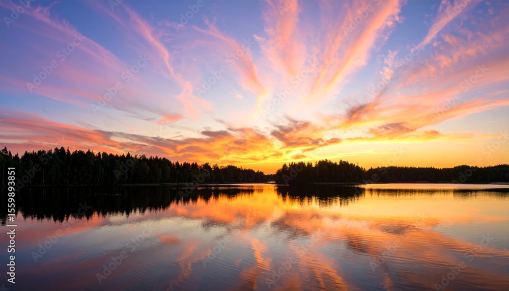 Fototapeta premium A vibrant sunset with pink and orange clouds reflects on a calm lake surrounded by dense forest trees.