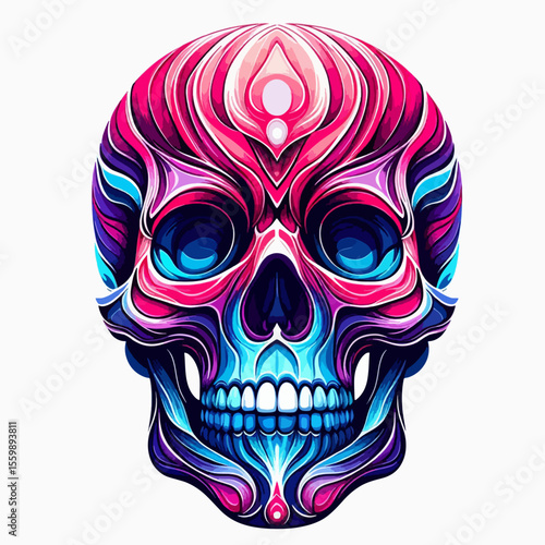A vibrant and symmetrical human skull illustration with intricate psychedelic patterns in pink and blue.