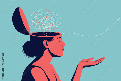 This vibrant illustration depicts a woman with an open head, from which a tangled mess of thoughts unravels and extends.