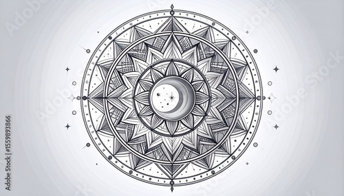 Beautiful sun and moon in circle featuring elegant sacred geometry in linework tattoo style