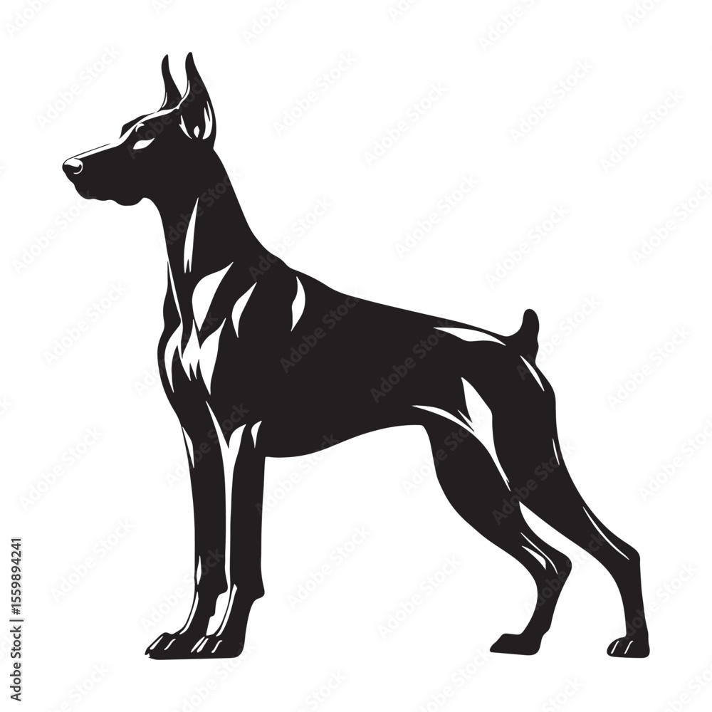 Obraz premium Featuring an alert Doberman Pinscher canine digital black silhouette - Doberman Pinscher silhouette - Doberman Pinscher Vector - Silhouette of Doberman Pinscher - dog vector