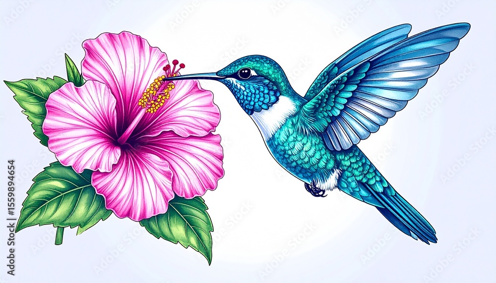 Obraz premium Elegant hummingbird hovering near vibrant hibiscus flower in illustrative tattoo style art