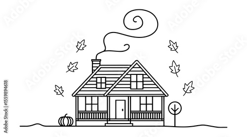 Cozy autumn house line art coloring page. Continuous one line drawing of fall scene with leaves and pumpkin. 