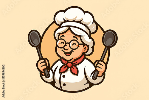 Cartoon Grandma Chef Holding Cooking Spoons Illustration