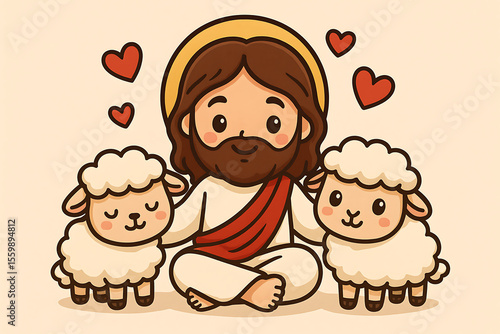 Cartoon Jesus Sitting with Two Lambs and Red Hearts Illustration