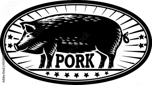 Illustration of a black pig with the word pork inside an oval frame with stars and lines design