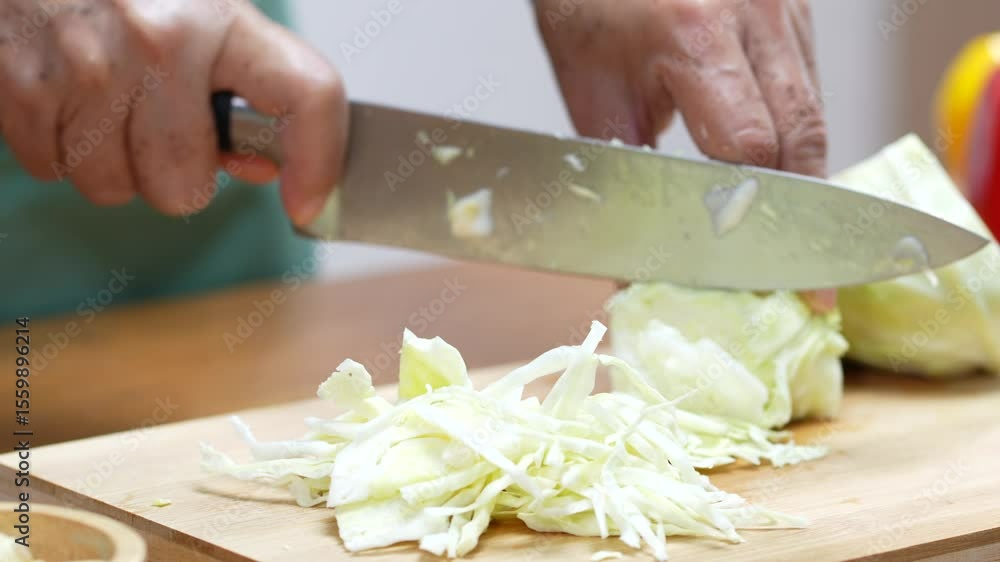 Closeup of male hands slicing Cabbage on a wooden board in the kitchen, preparing to cook. Closeup of male hands slicing Cabbage on a wooden board in the kitchen, preparing to cook.