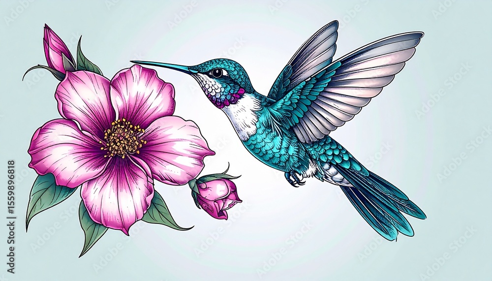 Obraz premium Stunning hummingbird and flower in illustrative tattoo style featuring teal and magenta tones