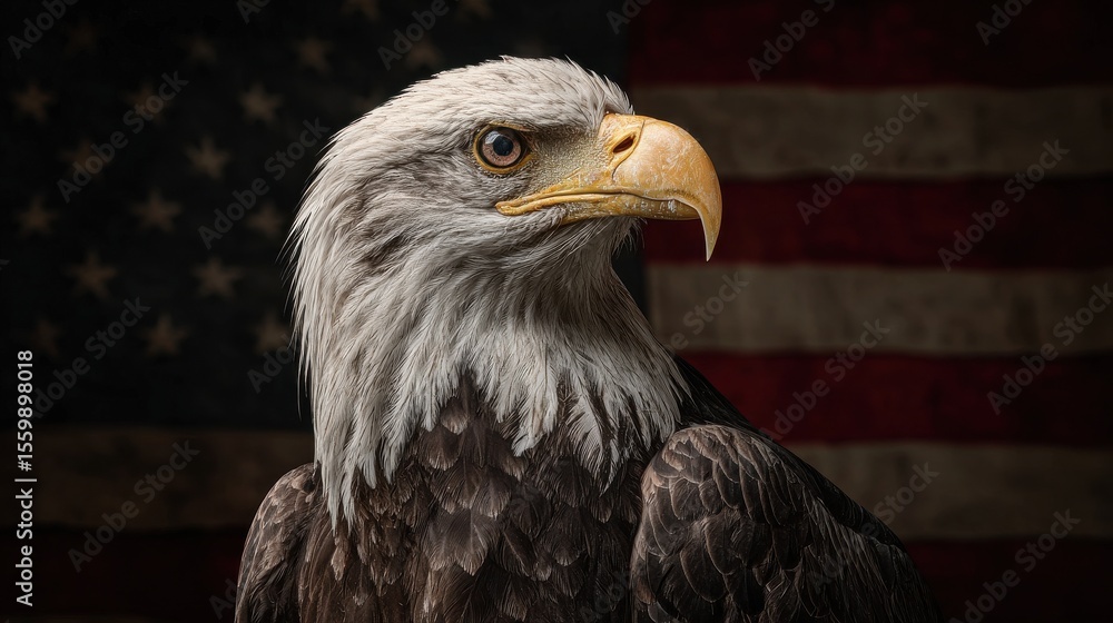 Obraz premium Majestic Bald Eagle Portrait Against an American Flag Background Showcasing Rich Textures and Vibrant Colors in Wildlife Photography