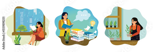 Women spend their free time reading books and taking care of plants at home.