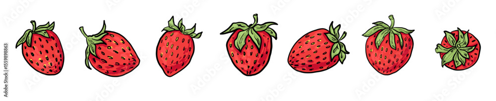 Strawberry collection with berries in different angles. Playful, bold, hand-drawn elements. Great for patterns, stickers, packaging and sweet summer designs. Strawberry collection with berries in different angles. Playful, bold, hand-drawn elements. Great for patterns, stickers, packaging and sweet summer designs.