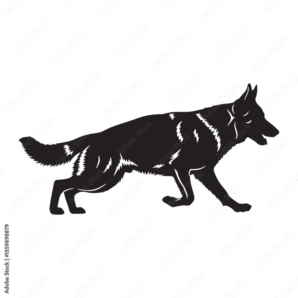 Fototapeta premium Featuring an alert German Shepherd canine digital black silhouette - German Shepherd silhouette - German Shepherd Vector - Silhouette of German Shepherd - dog vector