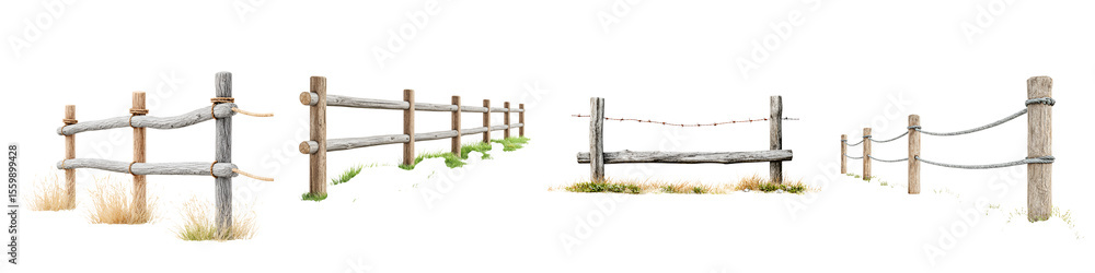 Obraz premium Watercolor Rustic Wooden Fences Isolated Elements