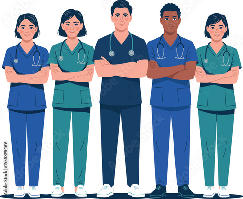 Group of doctors and nurses standing with arms crossed wearing scrubs and stethoscopes in a hospital setting