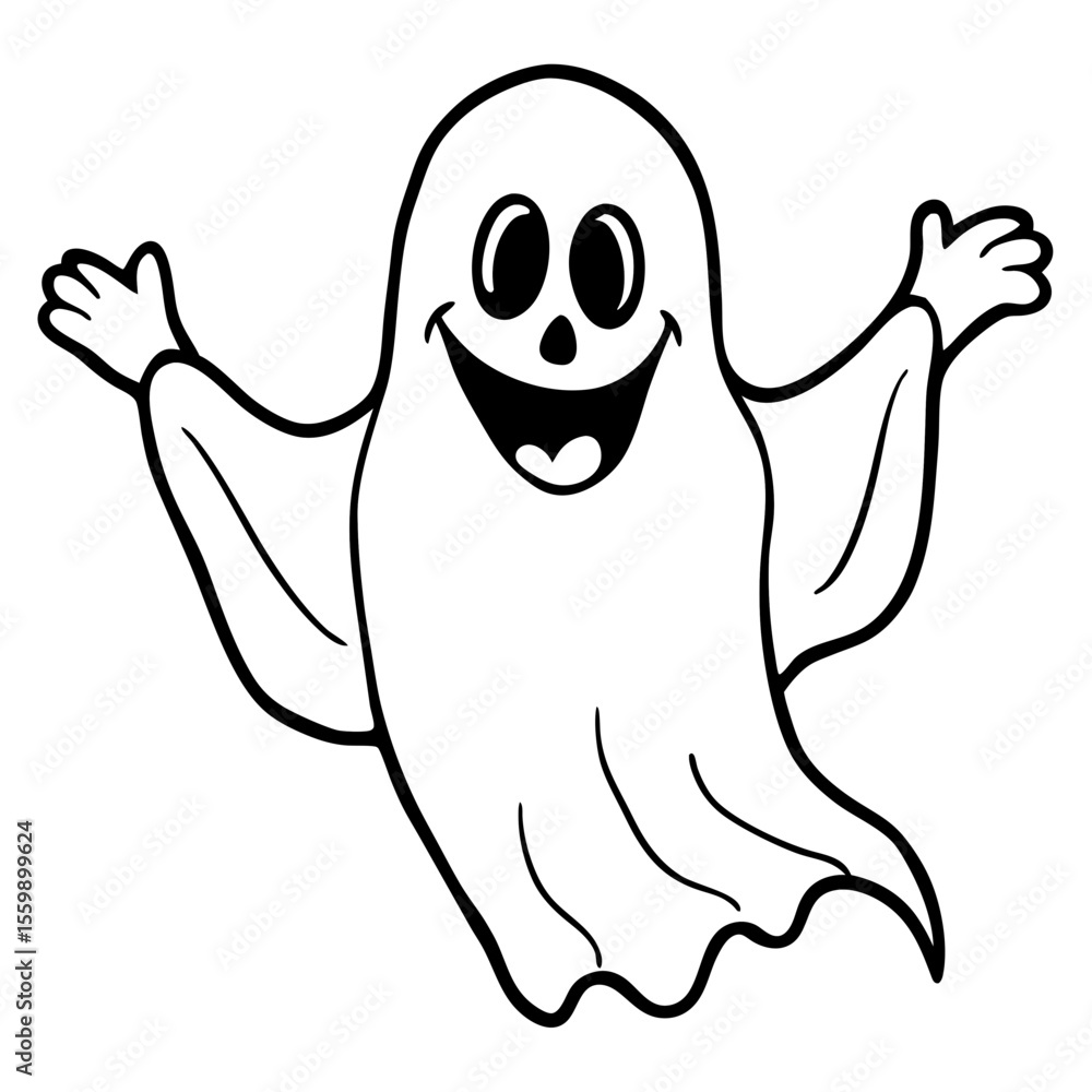 Clean black line art of a spooky ghost floating with arms raised — white background 1 Clean black line art of a spooky ghost floating with arms raised — white background 1