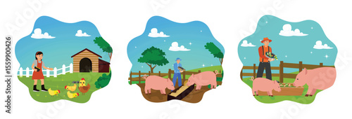 Livestock care concept. A little girl feeds chickens, young farmer feeds pet pigs on the farm.