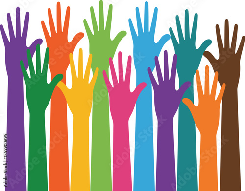 A vibrant display of colorful hands reaching upwards in a diverse and inclusive arrangement of unity