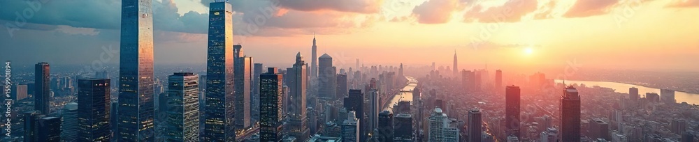 Fototapeta premium Modern Glass Skyscrapers Reflecting Sunlight in Vibrant City Skyline, Ideal for Corporate Real Estate and Architectural Projects