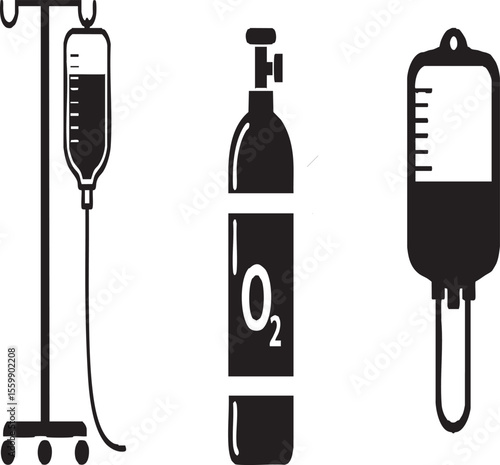 Medical Equipment Silhouettes: IV Drip, Oxygen Tank & Blood Bag for Hospital & Healthcare Use.
